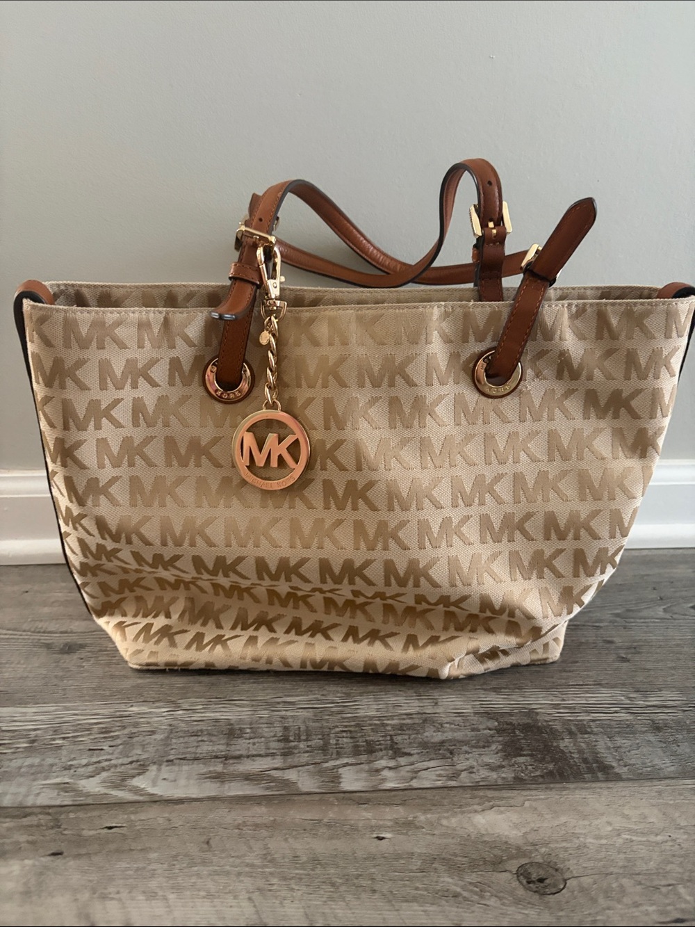 Michael Kors Tan & Beige MK Logo Tote with Gold Charm